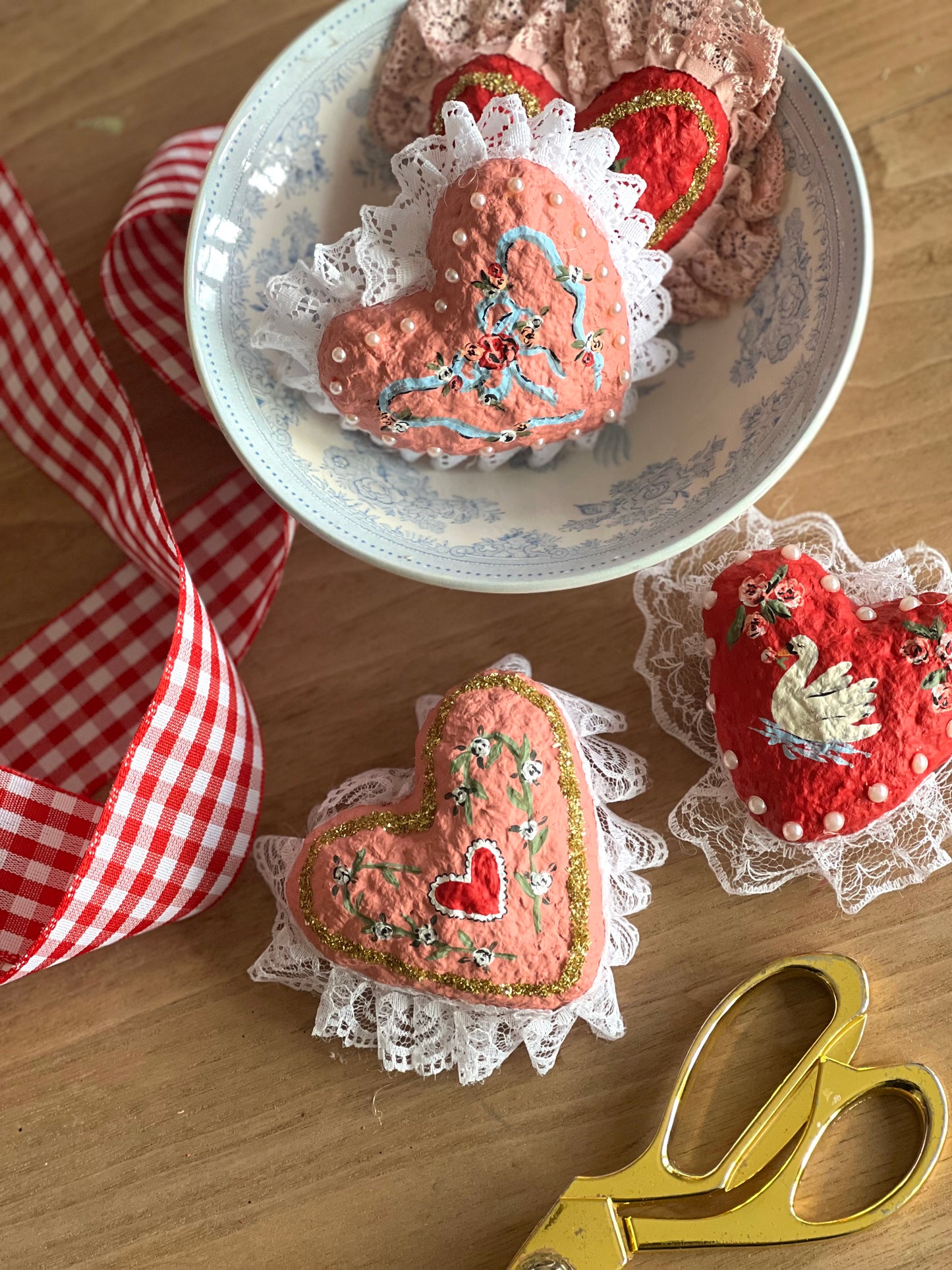 paper mache gold glitter and flowers heart (table piece) PREORDER