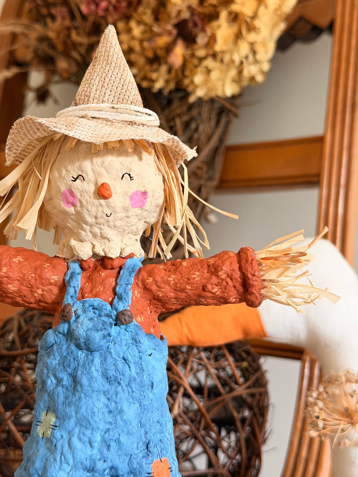 scarecrow boy paper mache figurine