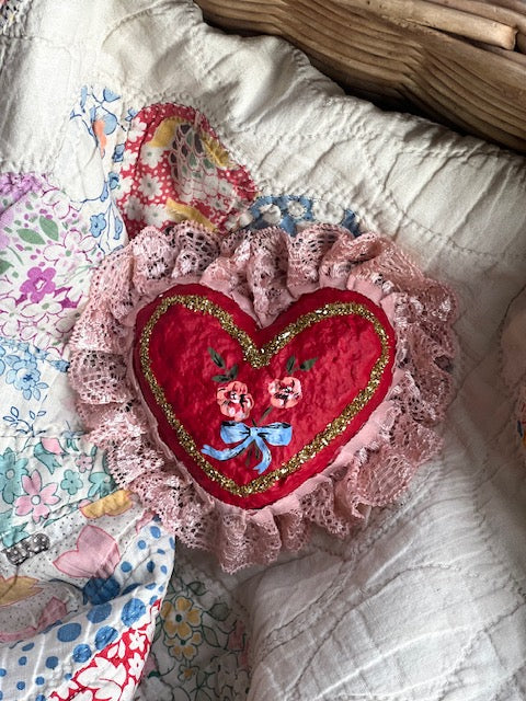 paper mache valentine's flowers in ribbon heart (table piece) PREORDER