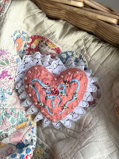 paper mache gold glitter and flowers heart (table piece) PREORDER