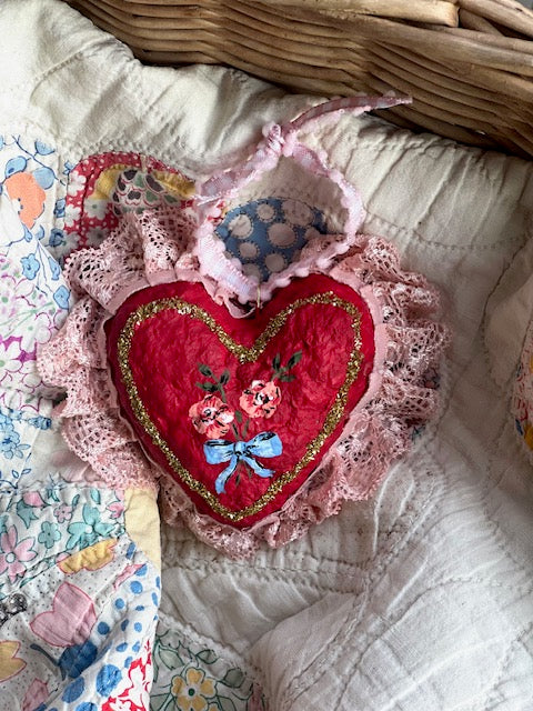 paper mache valentine's flowers in ribbon heart (ornament) PREORDER