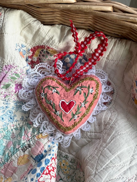 paper mache gold glitter and flowers heart (ornament) PREORDER