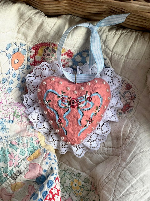 paper mache valentine's ribbon flowers heart  (ornament) PREORDER